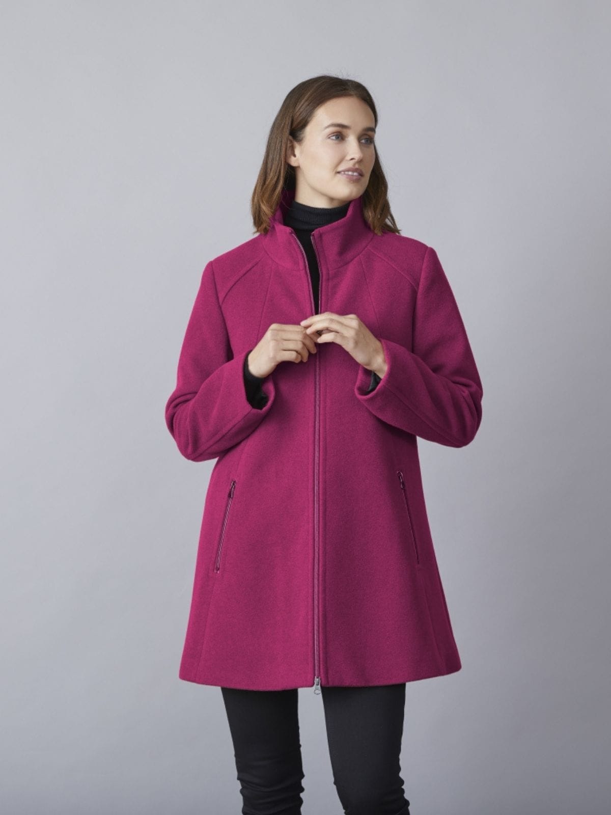 Marie Hot Pink ulljacka för damer med A-linje och dragkedjestängning.